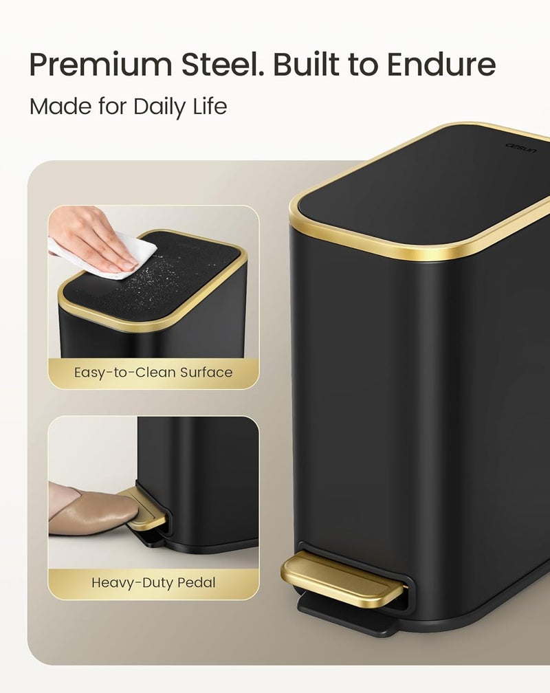 Cesun Small Bathroom Trash Can with Lid Soft Close, 5 Liter/1.3 Gallon Stainless Steel Garbage Can with Removable Inner Bucket, Step Pedal, Slim Waste Basket for Toilet, Office, Bedroom (Black&Gold) - Image 5